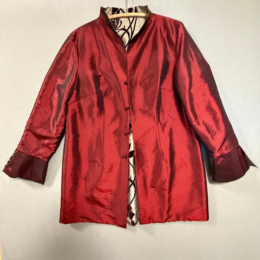 Elegant Asian Velvet Satin Floral Reversible Kimono Coat‎ Size 14